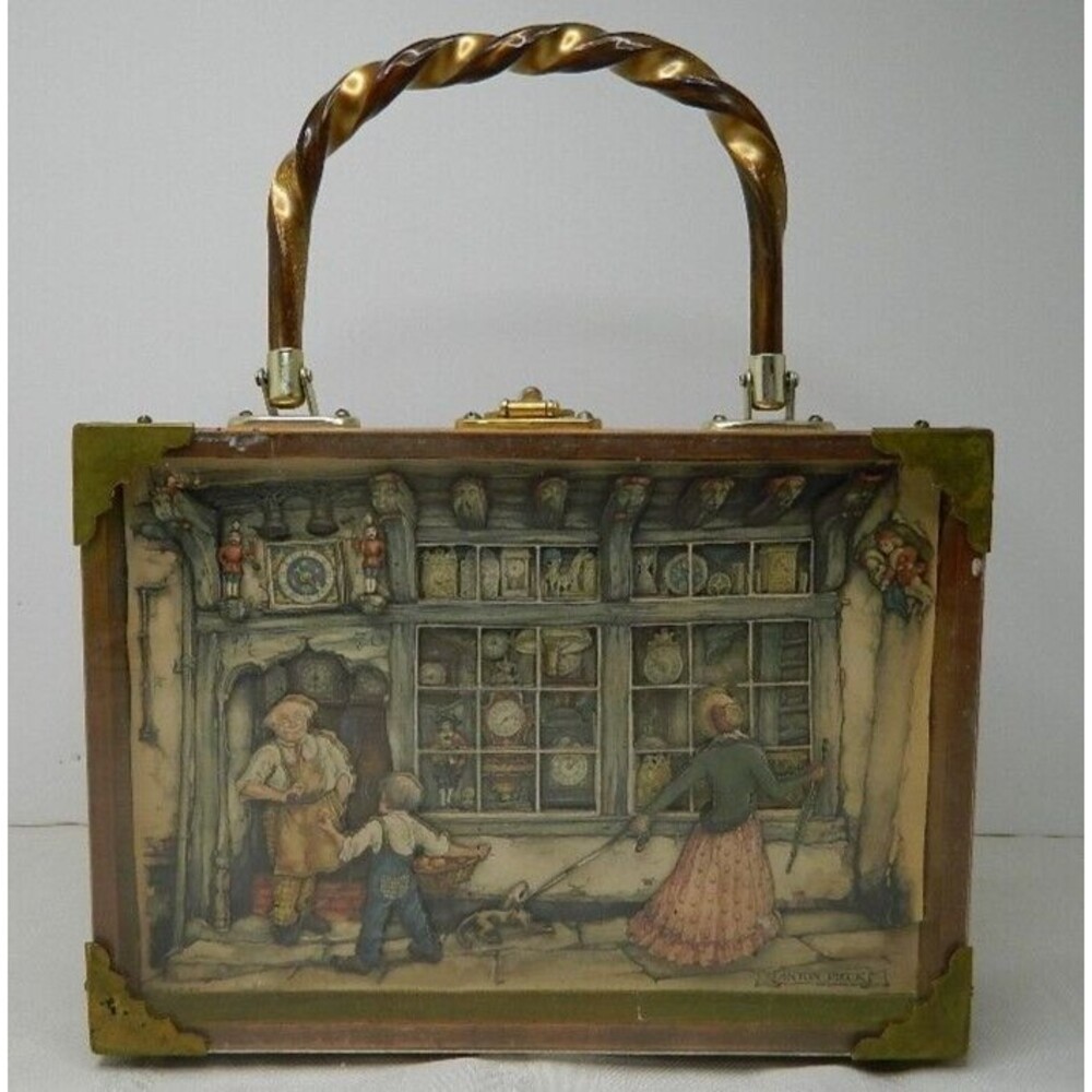 Vintage Anton Pieck Clock Shop 3-D Shadow Box Wood Box Purse 1960's Felt Lining